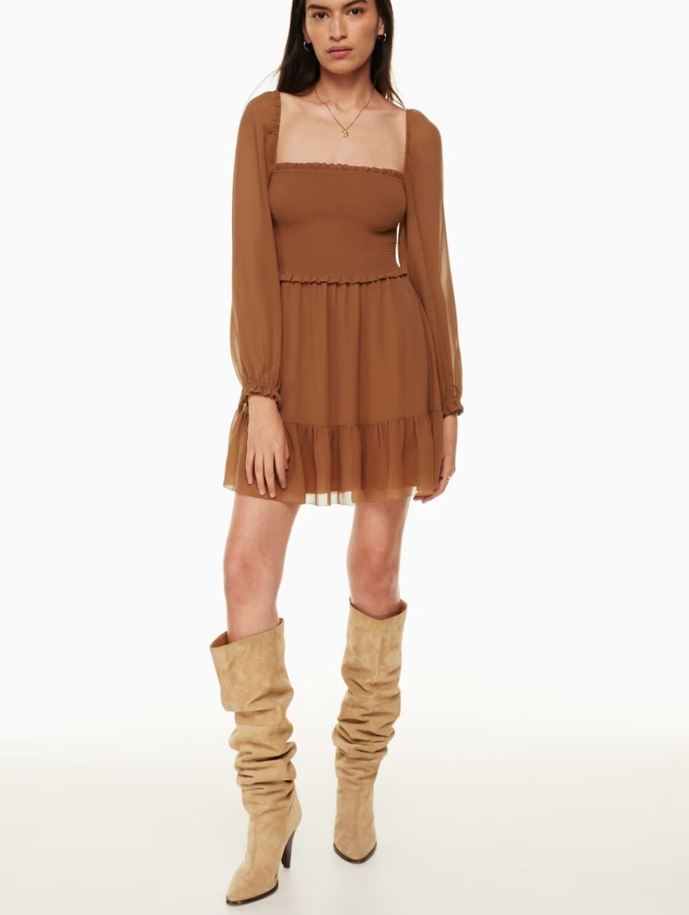 Wilfred Chiffon Smocked Square Neck Puff Long Sleeve Mini Dress XS Brown EUC